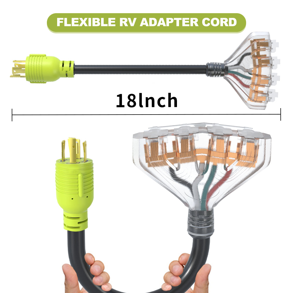 AOWEITOUR RV 30 Amp to 110 Adapter Generator Power Cord, 4 Prong 30 Amp Splitter to 20 Amp Adapter Generator Cord, NEMA L14-30P Male Plug to 4X 5-20R T-Blade Female Plug, 10 AWG STW (1.5FT)