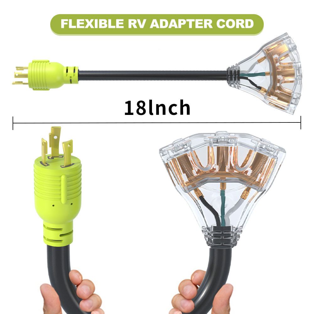 AOWEITOUR RV 30 Amp to 110 Adapter Generator Power Cord, 3 Prong 30 Amp Adapter Plug to 20 Amp Twist Lock Socket,NEMA  L5-30 Male Plug to 3X 5-20R T-Blade Female Plug,10 AWG STW (1.5FT)