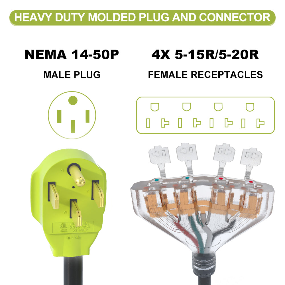 AOWEITOUR  50 Amp to 110 Adapter, 50 Amp Splitter to 20 Amp RV Adapter,NEMA 14-50P Male Plug to 4X 5-20R Female Plug Outlet Adapter,10 AWG STW (1.5FT)