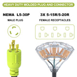 AOWEITOUR RV 30 Amp to 110 Adapter Generator Power Cord, 3 Prong 30 Amp Adapter Plug to 20 Amp Twist Lock Socket,NEMA  L5-30 Male Plug to 3X 5-20R T-Blade Female Plug,10 AWG STW (1.5FT)