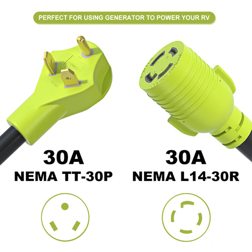 AOWEITOUR NEMA TT-30P to L14-30R RV Generator Adapter,30 Amp 3 Prong to 4 Prong Adapter,Generator Transfer Switch Adapter Cord,Outdoor Generator Power Cord,STW 10 AWG(1.5FT)