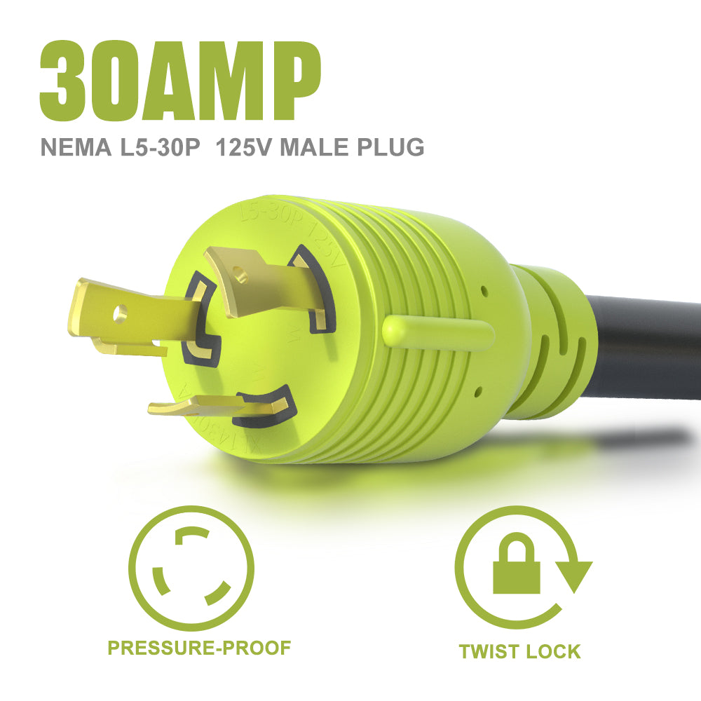 AOWEITOUR RV 30 Amp to 110 Adapter Generator Power Cord, 3 Prong 30 Amp Adapter Plug to 20 Amp Twist Lock Socket,NEMA  L5-30 Male Plug to 3X 5-20R T-Blade Female Plug,10 AWG STW (1.5FT)