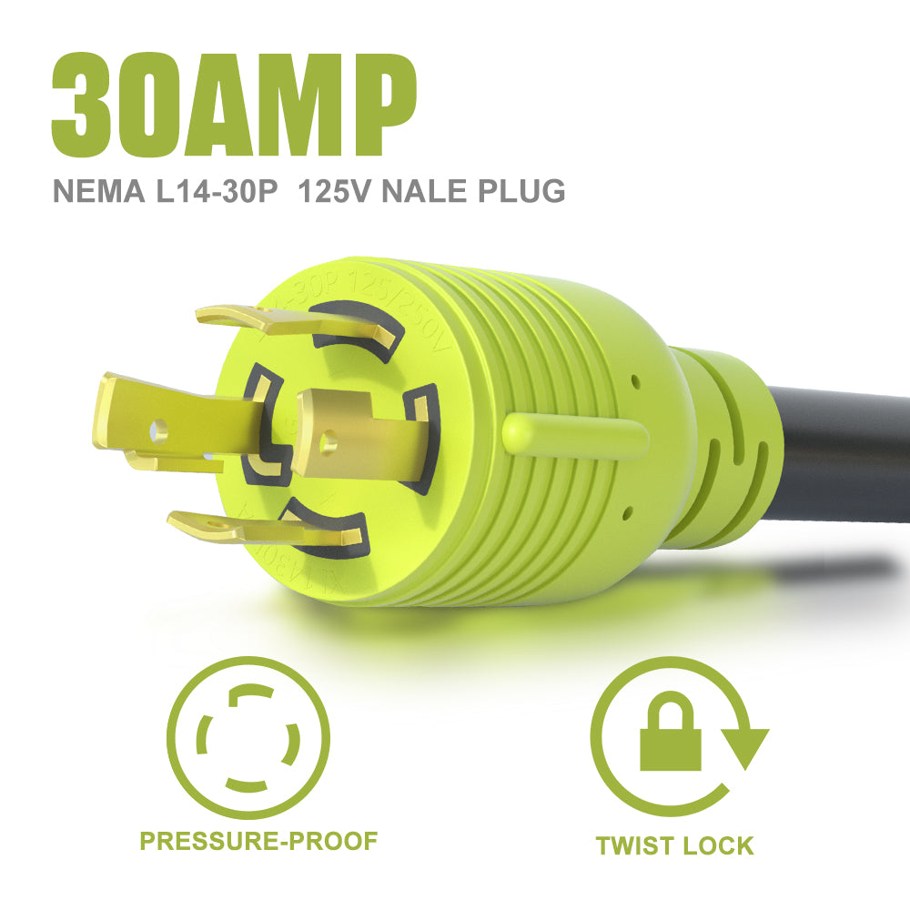 AOWEITOUR RV 30 Amp to 110 Adapter Generator Power Cord, 4 Prong 30 Amp Splitter to 20 Amp Adapter Generator Cord, NEMA L14-30P Male Plug to 4X 5-20R T-Blade Female Plug, 10 AWG STW (1.5FT)