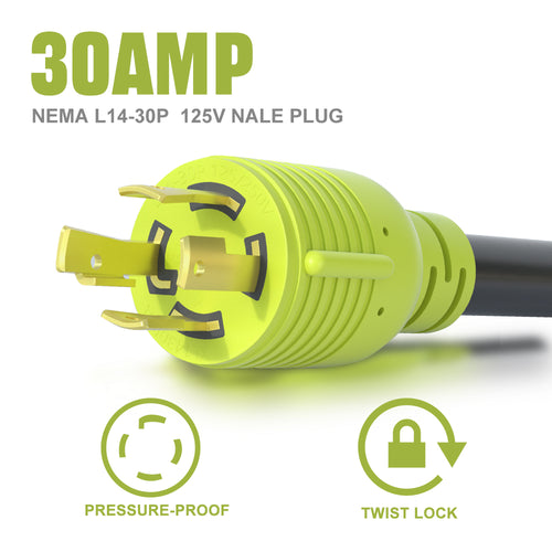 AOWEITOUR RV 30 Amp to 110 Adapter Generator Power Cord, 4 Prong 30 Amp Splitter to 20 Amp Adapter Generator Cord, NEMA L14-30P Male Plug to 4X 5-20R T-Blade Female Plug, 10 AWG STW (1.5FT)