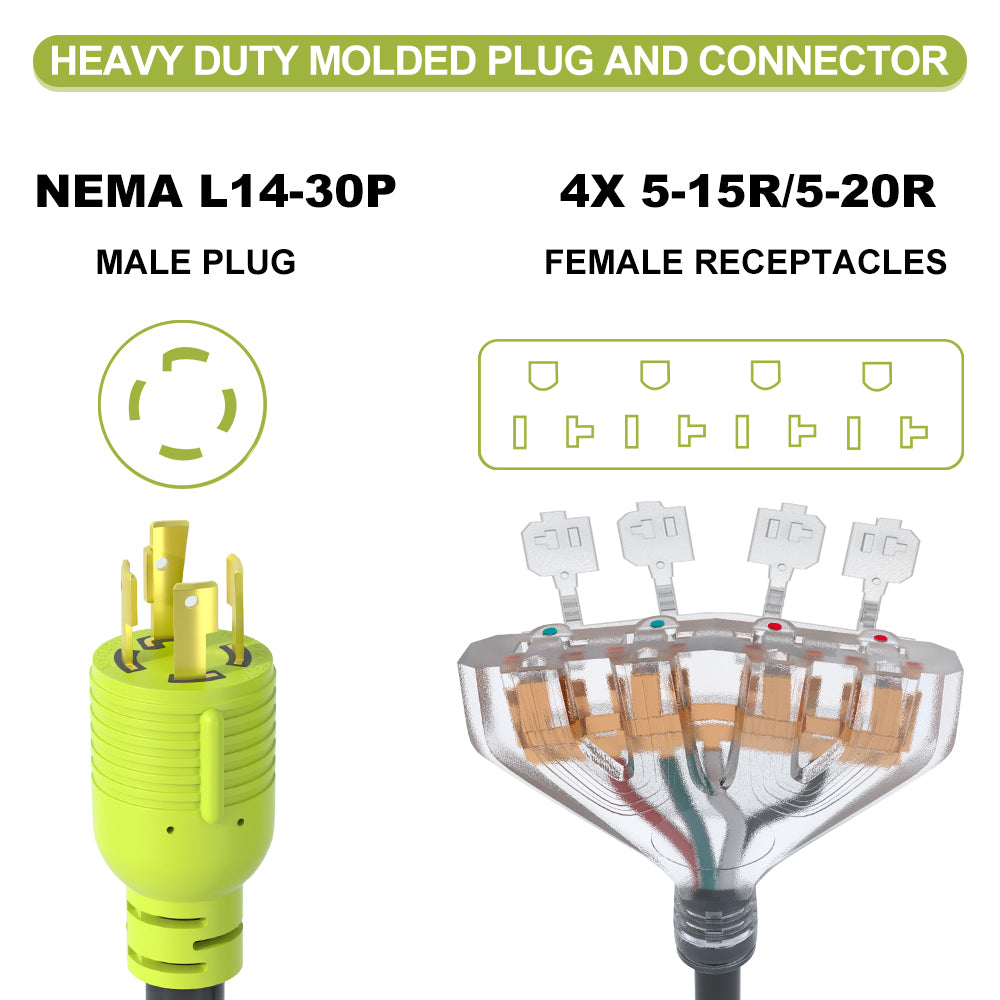 AOWEITOUR RV 30 Amp to 110 Adapter Generator Power Cord, 4 Prong 30 Amp Splitter to 20 Amp Adapter Generator Cord, NEMA L14-30P Male Plug to 4X 5-20R T-Blade Female Plug, 10 AWG STW (1.5FT)